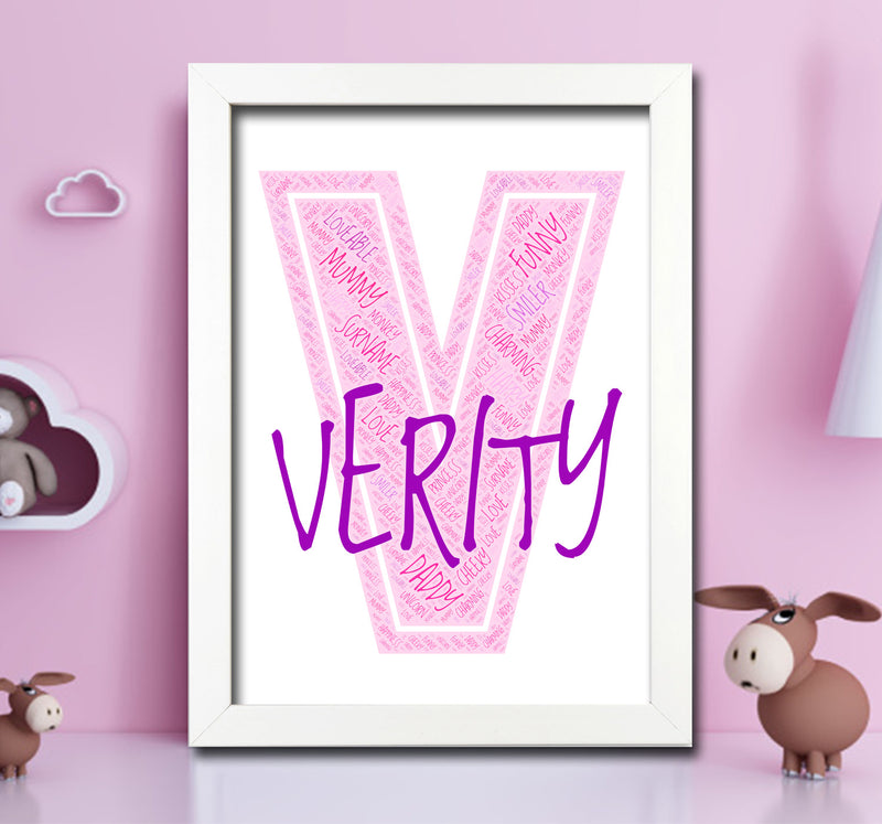 Personalised Name Word Art Poster Print Pink Letter V