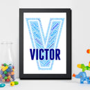 Personalised Name Word Art Poster Print Blue Letter V