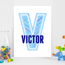 Personalised Name Word Art Poster Print Blue Letter V