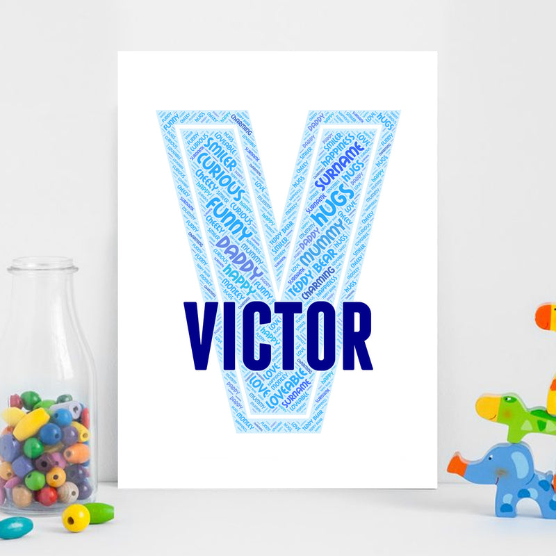 Personalised Name Word Art Poster Print Blue Letter V
