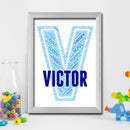 Personalised Name Word Art Poster Print Blue Letter V