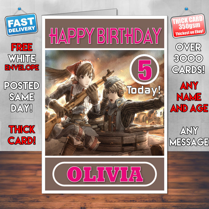 Personalised Valkyria Chronicles Inspired Style Game Kids Inspired Birthday Card (SA)