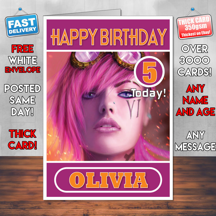 Personalised Vi The Piltover Enforcer Inspired Style Game Kids Inspired Birthday Card (SA)