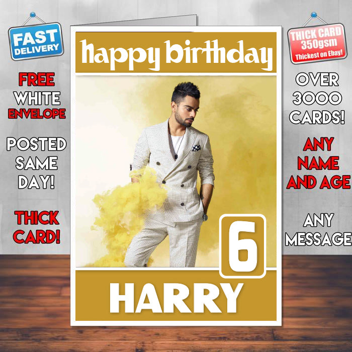 Virat Kohli Theme Inspired Kids Inspired Adult Personalised Sports Birthday Card (SA)