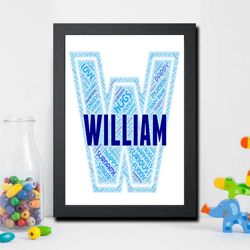 Personalised Name Word Art Poster Print Blue Letter W