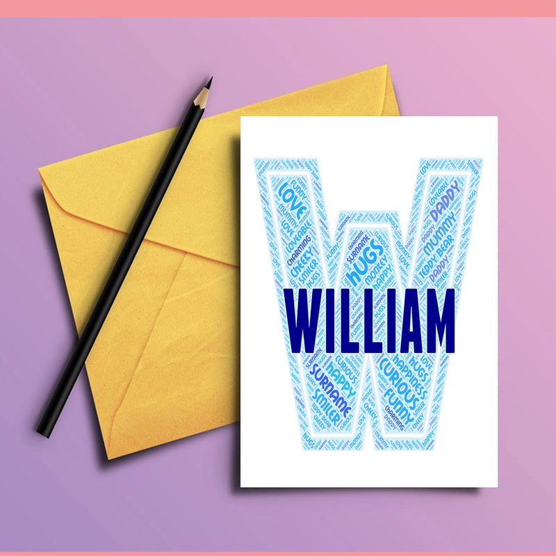 Personalised Name Word Art Poster Print Blue Letter W