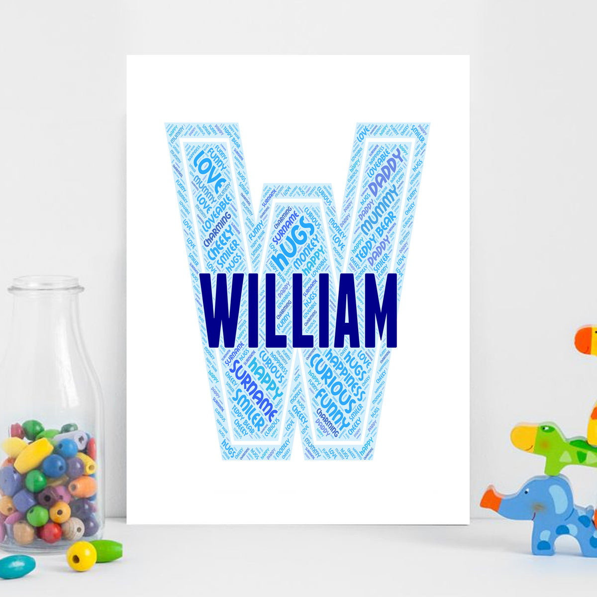 Personalised Name Word Art Poster Print Blue Letter W – Personalised name word art print, blue letter W, print only