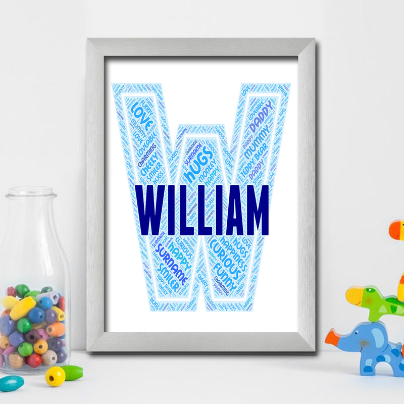 Personalised Name Word Art Poster Print Blue Letter W