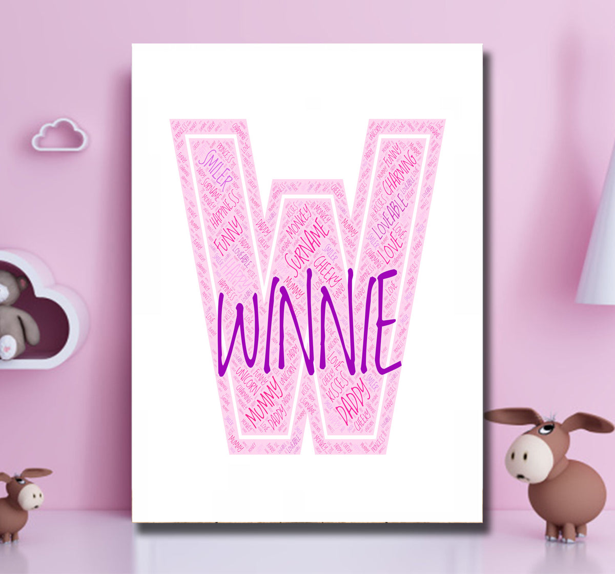 Personalised Name Word Art Poster Print Pink Letter W – Personalised name word art print, pink letter W, print only