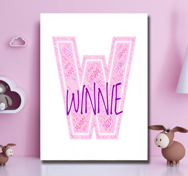 Personalised name word art print, pink letter W, print only