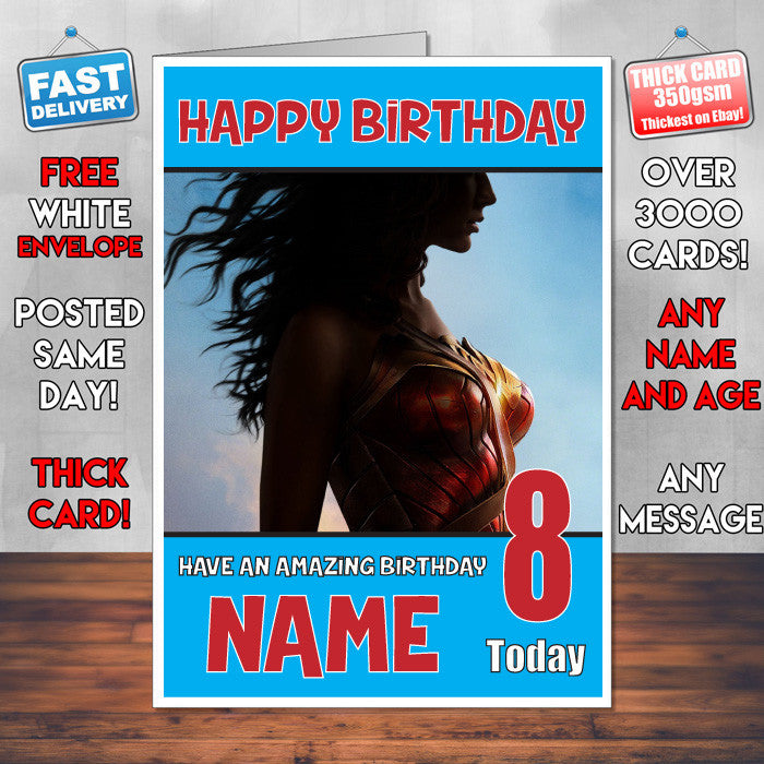 WONDER WOMAN BM2 THEME INSPIRED Style PERSONALISED Kids Adult FUNNY Birthday Card