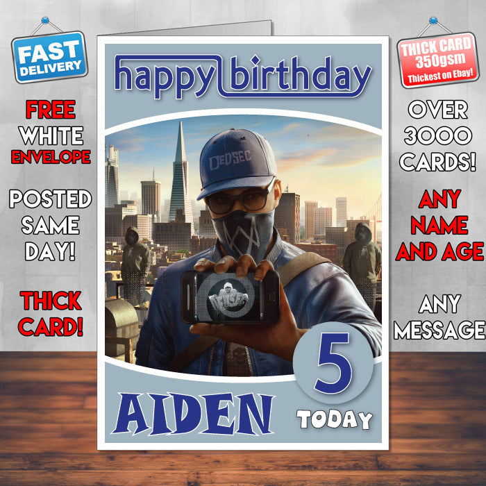 Personalised Watch Dogs 2 Dedsec Inspired Style Game Kids Inspired Birthday Card (SA)