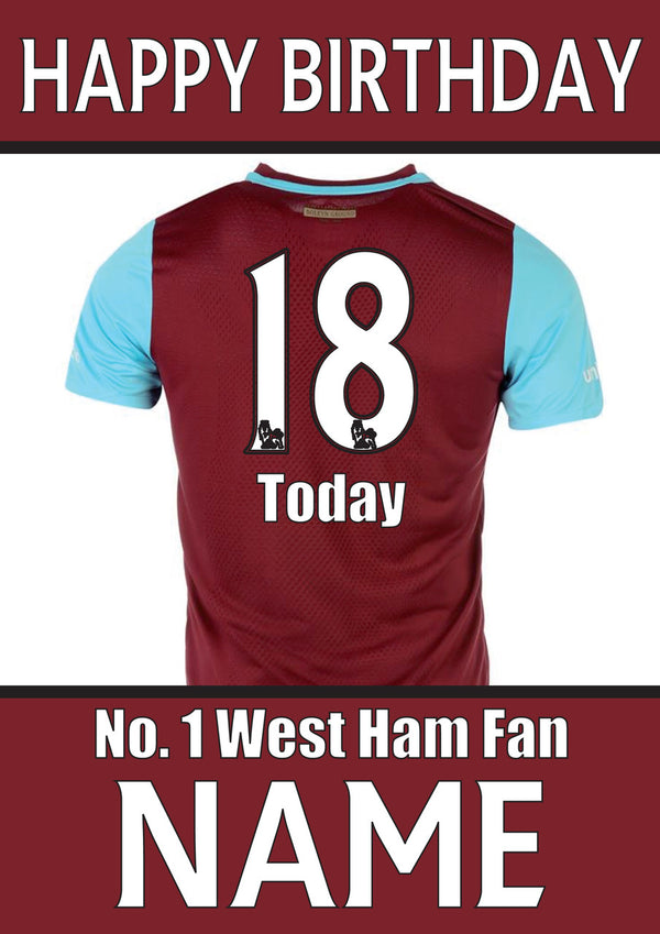 West Ham Fan FOOTBALL TEAM THEME INSPIRED PERSONALISED Kids Adult Birthday Card