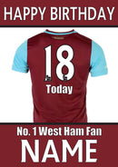 West Ham Fan FOOTBALL TEAM THEME INSPIRED PERSONALISED Kids Adult Birthday Card