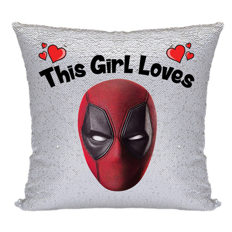 RED MAGIC SEQUIN CUSHION- ANY NAME LOVES DEADPOOL