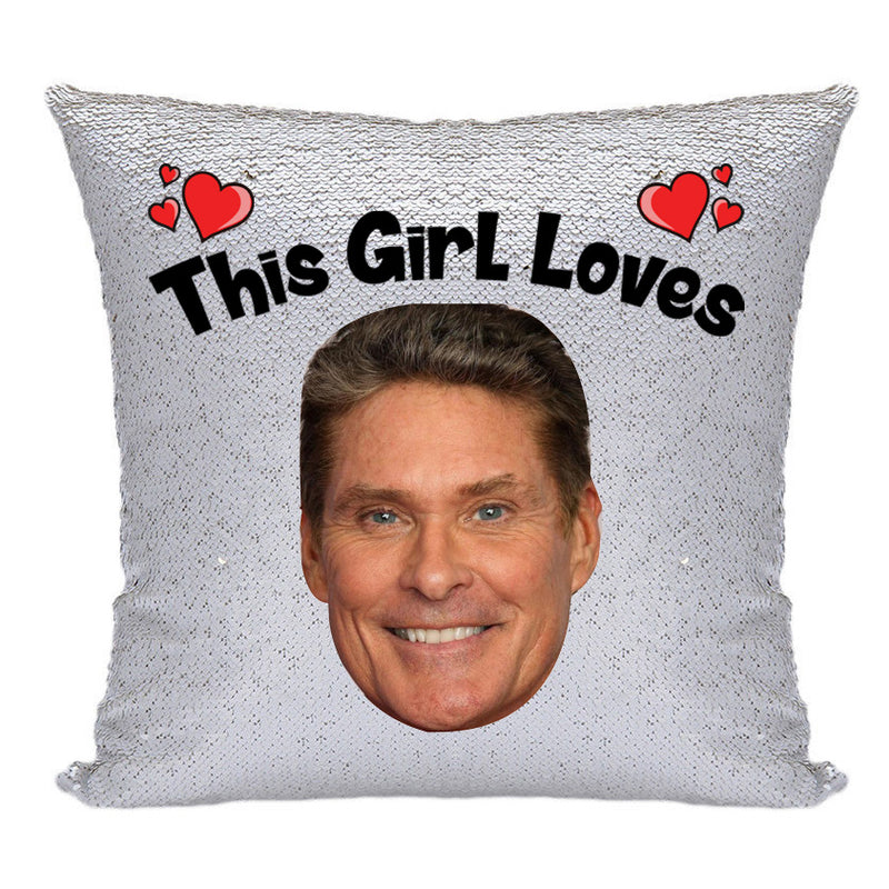 RED MAGIC SEQUIN CUSHION- ANY NAME LOVES DAVID HASSLEHOFF