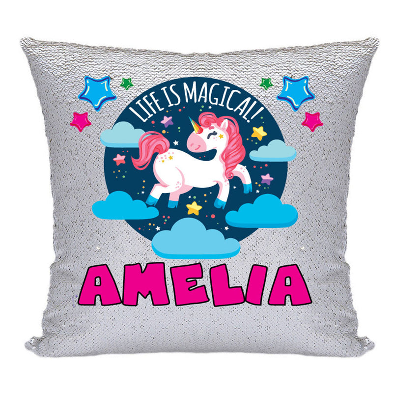 Unicorn 120 Personalised Silver Sequin Cushion including cushion insert
