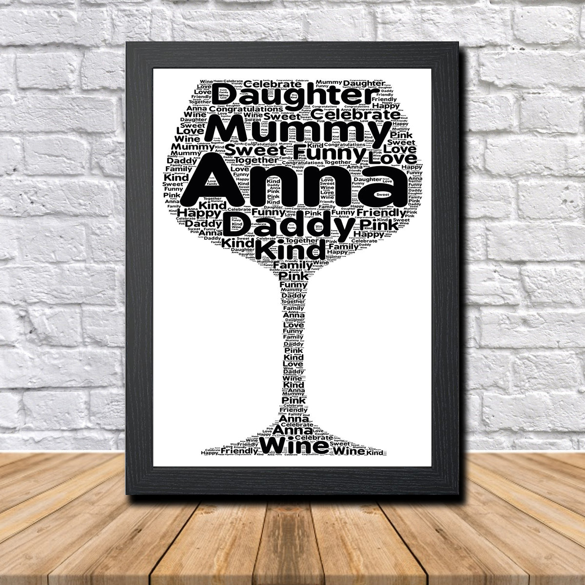 Personalised Wine Glass 1 Word Art Poster Print – Personalised wine glass word art print in a black frame