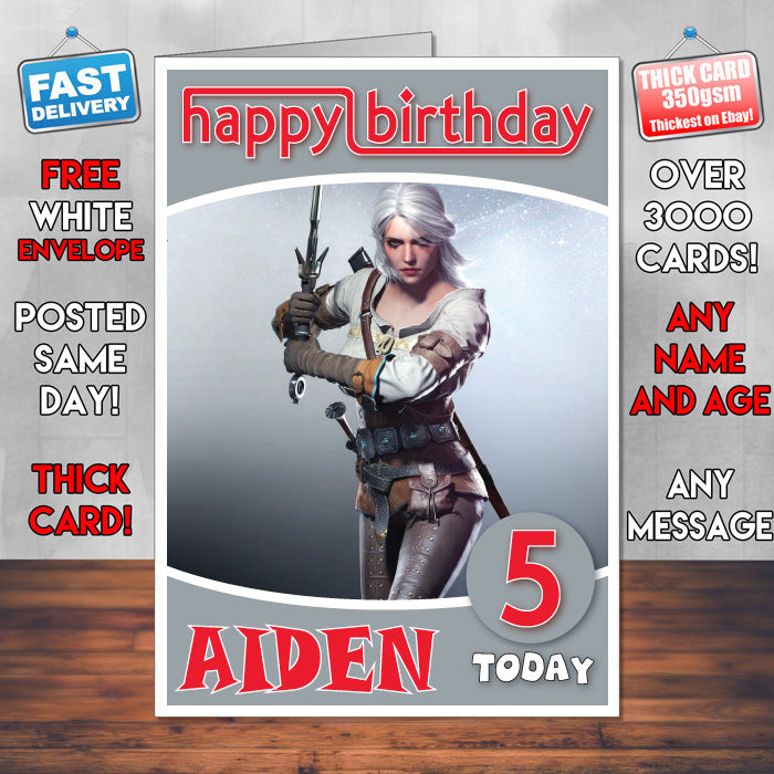 Personalised Witcher 3 Wild Hunt Ciri Inspired Style Game Kids Inspired Birthday Card (SA)