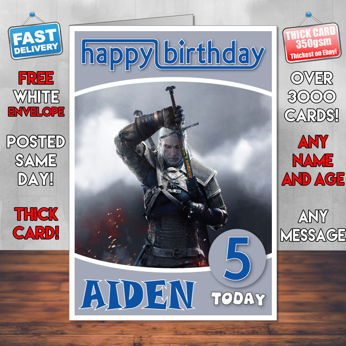 Personalised Witcher 3 Wild Hunt Geralt Inspired Style Game Kids Inspired Birthday Card (SA)