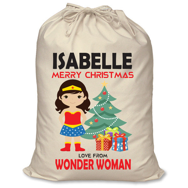 PERSONALISED Cartoon Inspired Super Hero Amazing Woman ISABELLE - XL Children's Christmas Santa Sack CUSTOMISE Present
