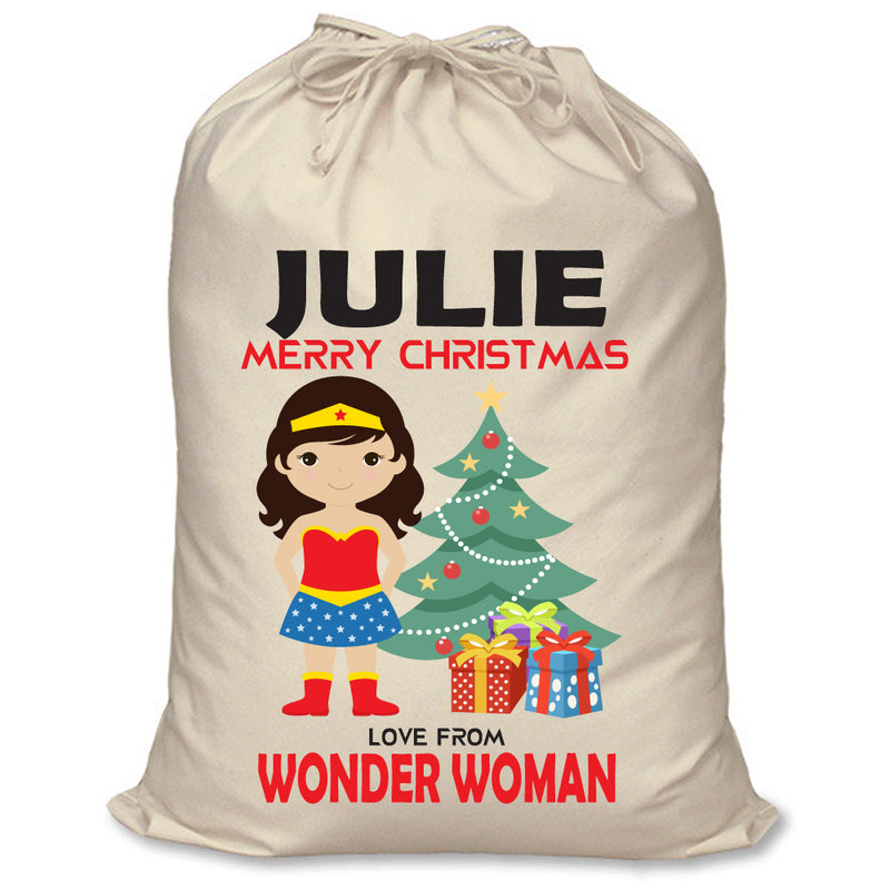PERSONALISED Cartoon Inspired Super Hero Amazing Woman JULIE - XL Children's Christmas Santa Sack CUSTOMISE Present
