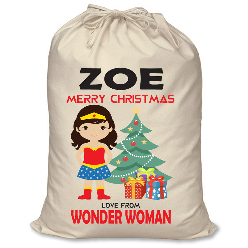 PERSONALISED Cartoon Inspired Super Hero Amazing Woman ZOE - XL Children's Christmas Santa Sack CUSTOMISE Present