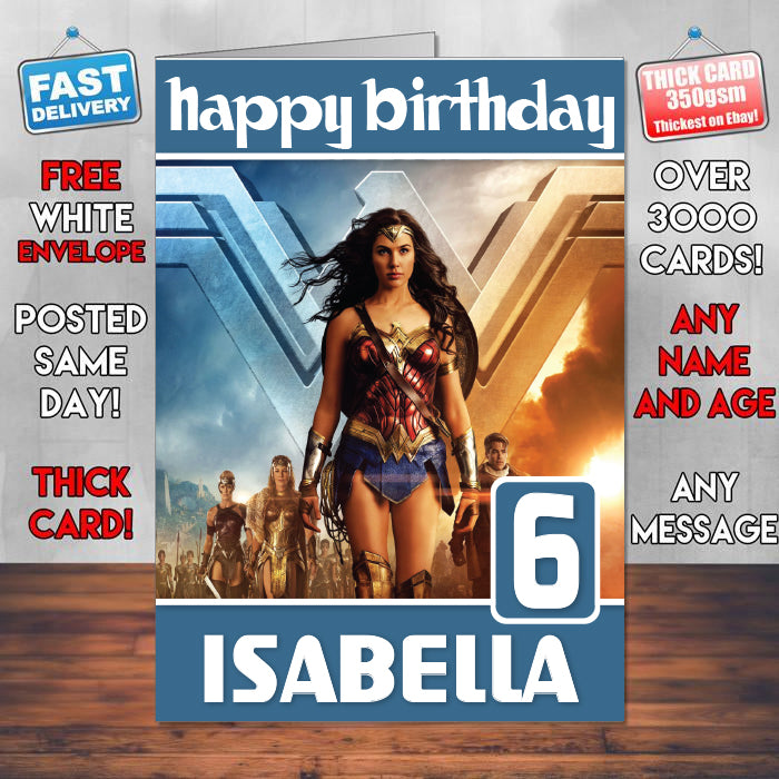 Wonder Woman 5k Theme Style Personalised Kids Inspired Movie Birthday Card (SA)