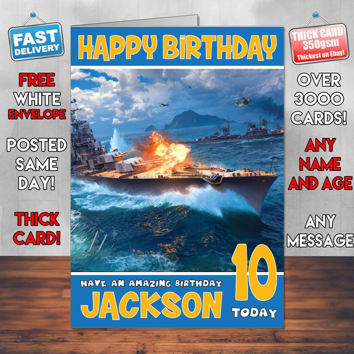 Personalised World Of Warships Inspired Style Game Kids Inspired Birthday Card (SA)
