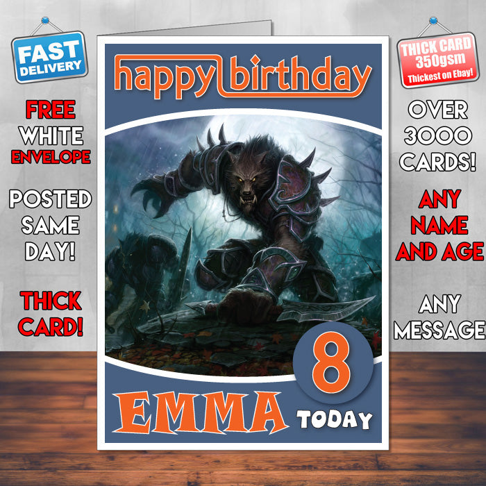 Personalised Wow Cataclysm Worgen Inspired Style Game Kids Inspired Birthday Card (SA) – Personalised Wow Cataclysm Worgen Game Birthday Card