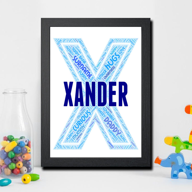 Personalised Name Word Art Poster Print Blue Letter X