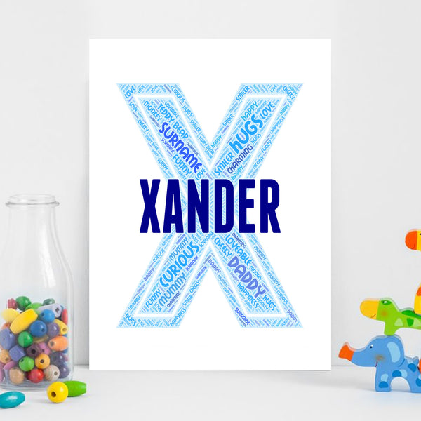 Personalised name word art print, blue letter X, print only