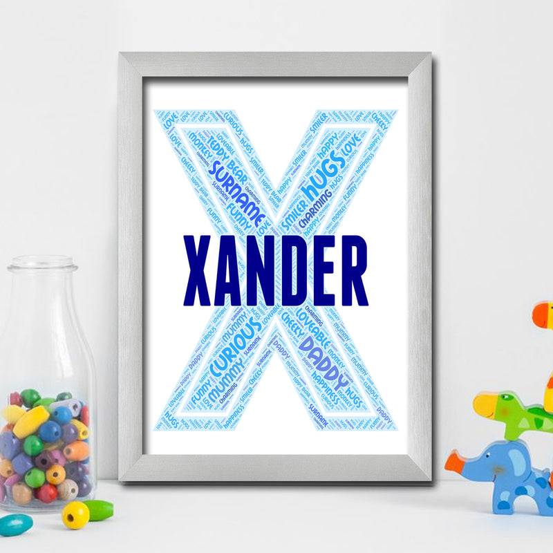 Personalised Name Word Art Poster Print Blue Letter X