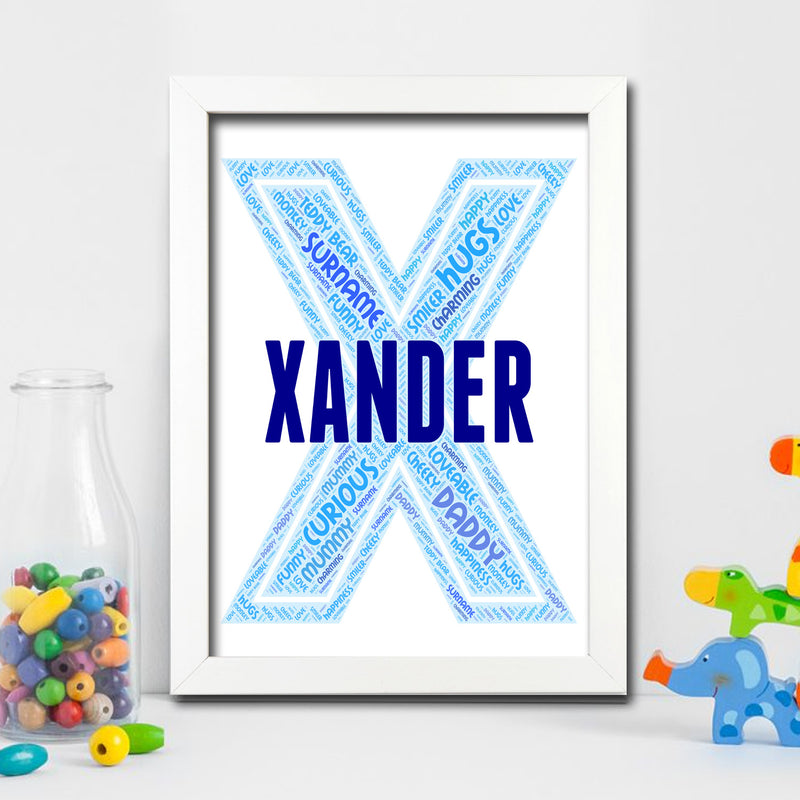 Personalised Name Word Art Poster Print Blue Letter X