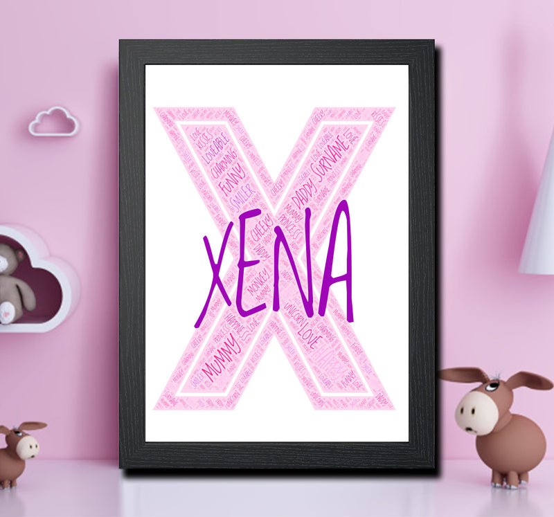 Personalised Name Word Art Poster Print Pink Letter X