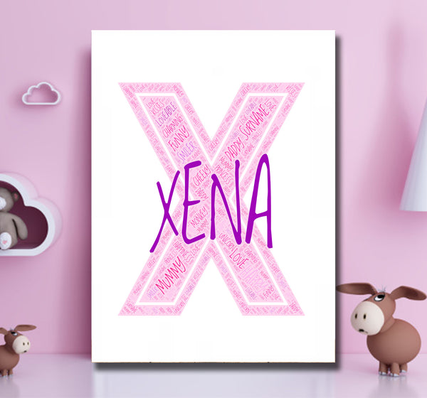 Personalised name word art print, pink letter X, print only