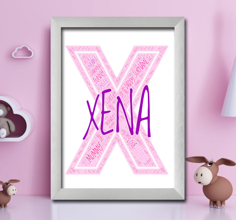 Personalised Name Word Art Poster Print Pink Letter X