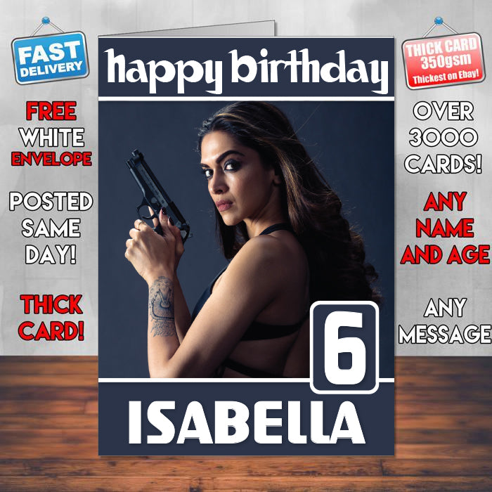 XXX Return Of Xander Cage Deepika Padukone Theme Style Personalised Kids Inspired Movie Birthday Card (SA)