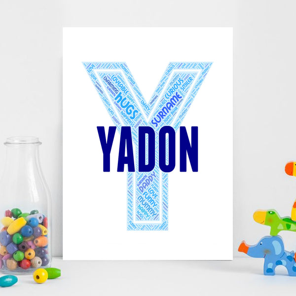 Personalised name word art print, blue letter Y, print only