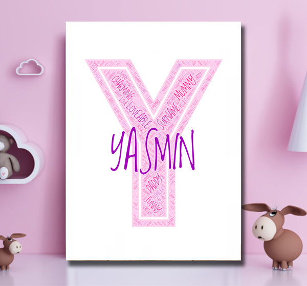 Personalised name word art print, pink letter Y, print only