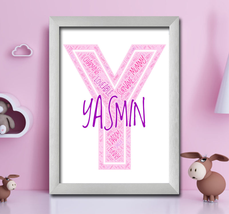 Personalised Name Word Art Poster Print Pink Letter Y