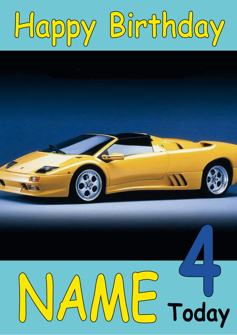 Yellow Sports Car Side View Personalised THEME INSPIRED Style PERSONALISED Kids Adult FUNNY Birthday Card