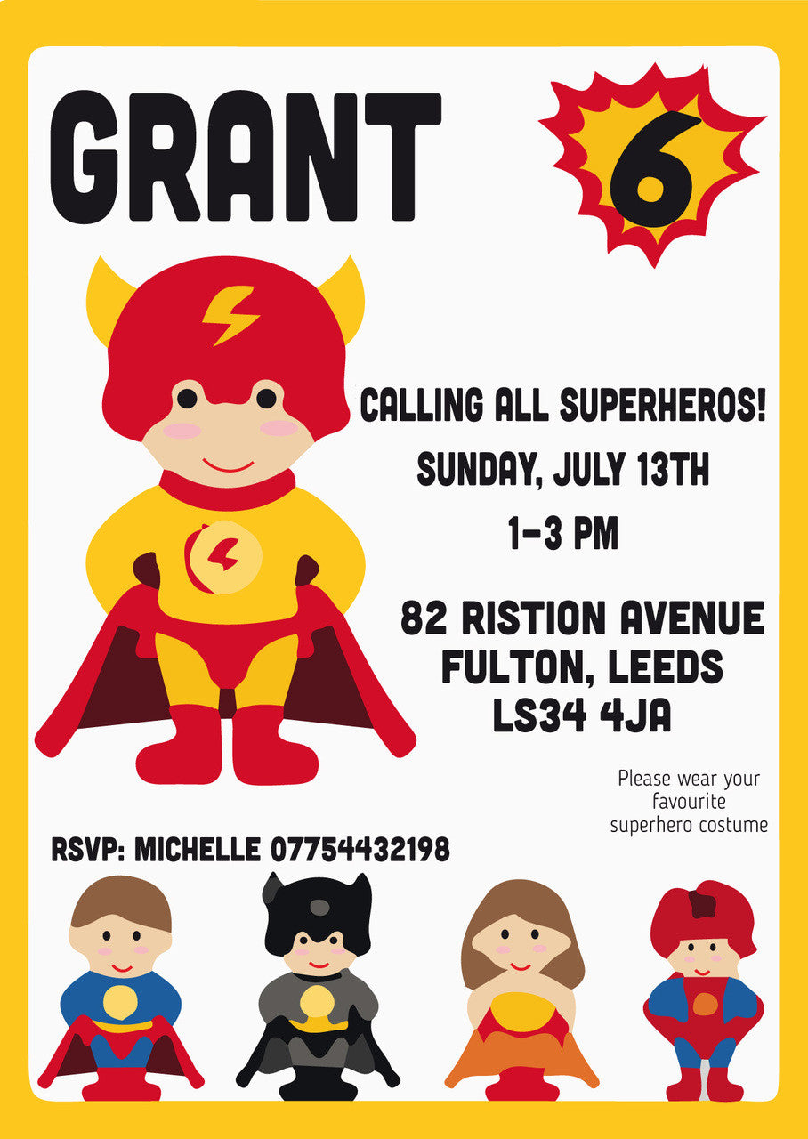 10 X Personalised Printed You're A Superhero INSPIRED STYLE Invites – 10 X Personalised Printed You're A Superhero Invites