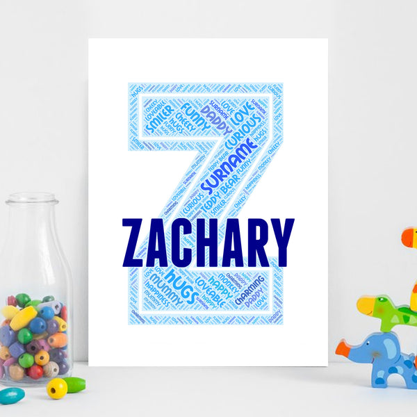 Personalised name word art print, blue letter Z, print only