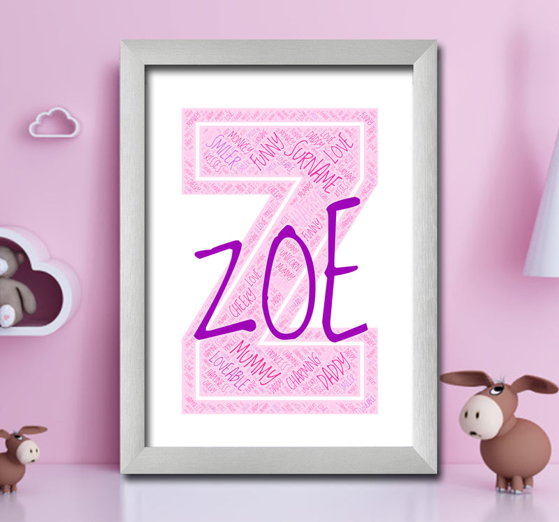 Personalised Name Word Art Poster Print Pink Letter Z