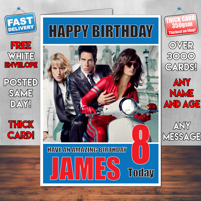 ZOOLANDER 2 BM THEME INSPIRED Style PERSONALISED Kids Adult FUNNY Birthday Card
