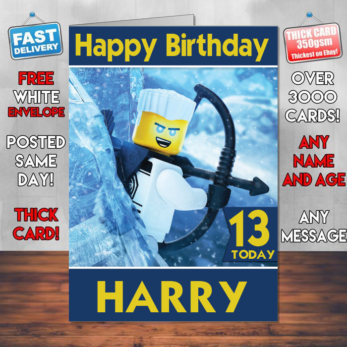 Zane The Lego Ninjago Theme Style Personalised Kids Inspired Movie Birthday Card (SA)