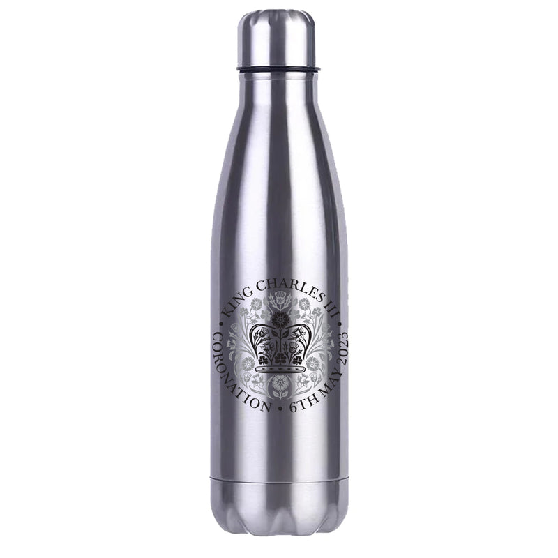 King Charles III Coronation Official Logo Print Silver Metal Water Bottle Personalised-insulated bottle-500ml bowling stainless steel bottle