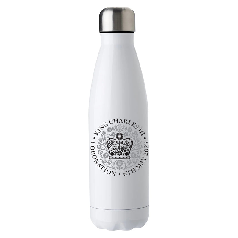 King Charles III Coronation Official Logo Print White Metal Water Bottle Personalised-insulated bottle-500ml bowling stainless steel bottle