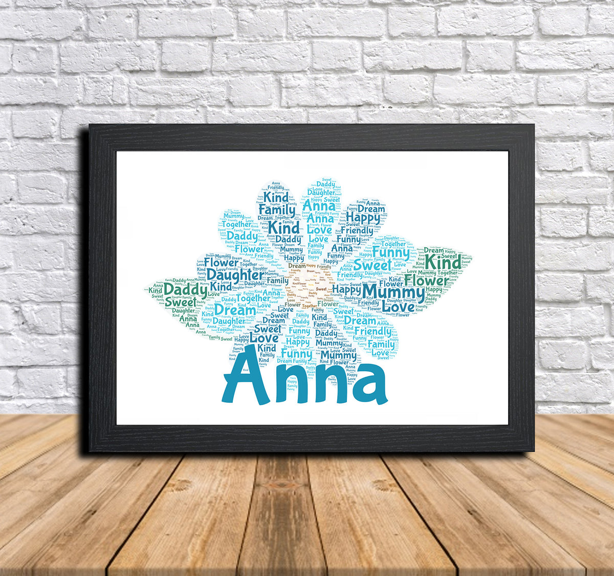 Personalised Blue Flower B Word Art Poster Print – Personalised blue flower word art print in a black frame